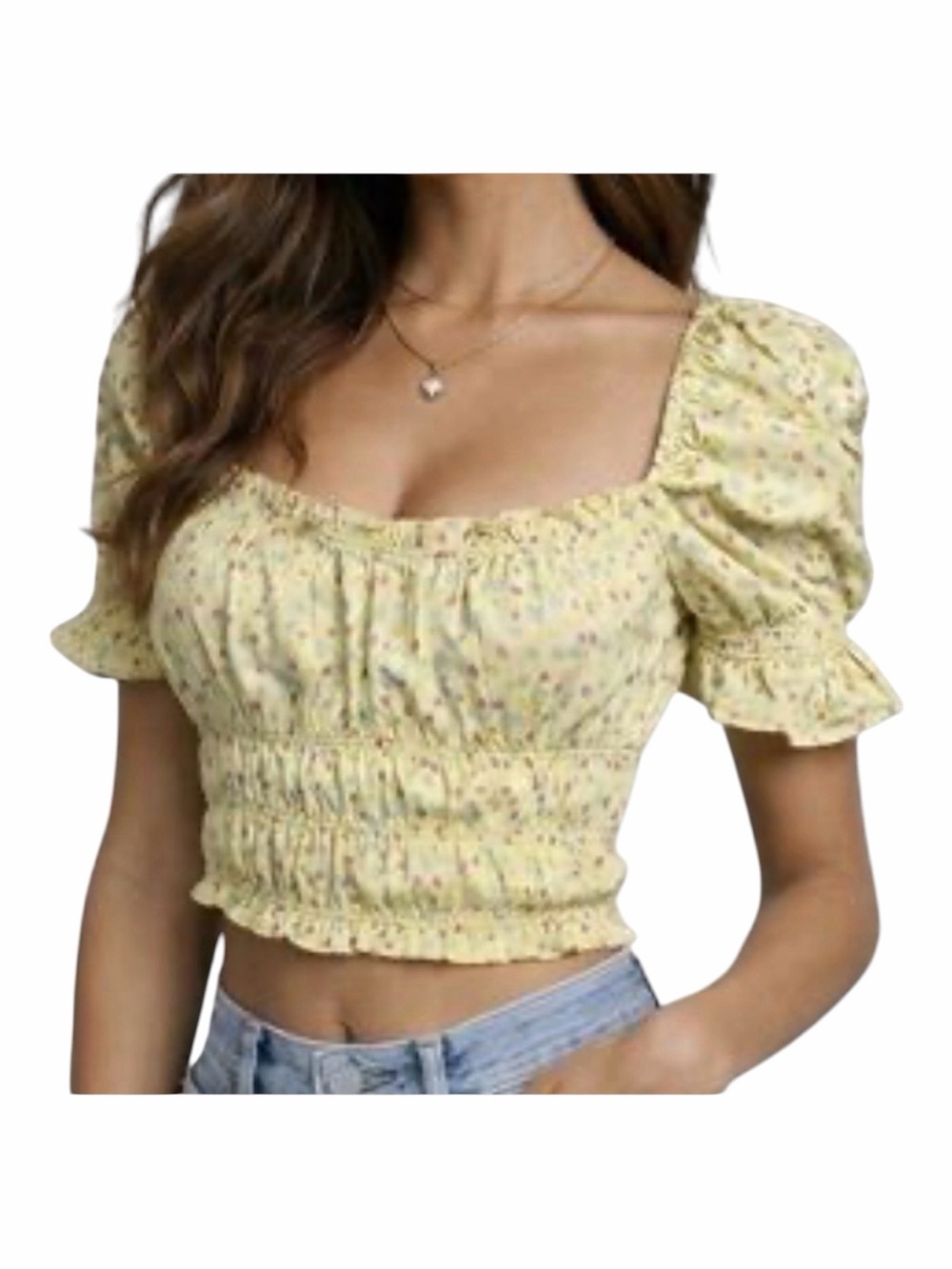 House of Harlow Smocked Floral Puff Sleeve Crop Top Yellow